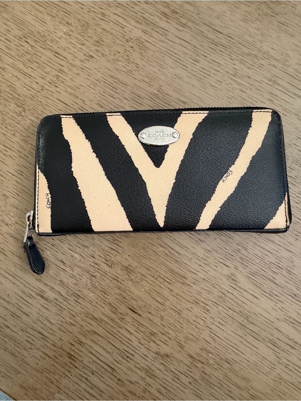 Coach Zip-Around Wallet in Black and Cream Zebra Motif